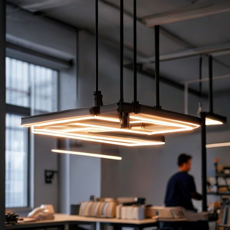 A sleek, modern industrial LED light fixture suspended in a clean, softly lit wo