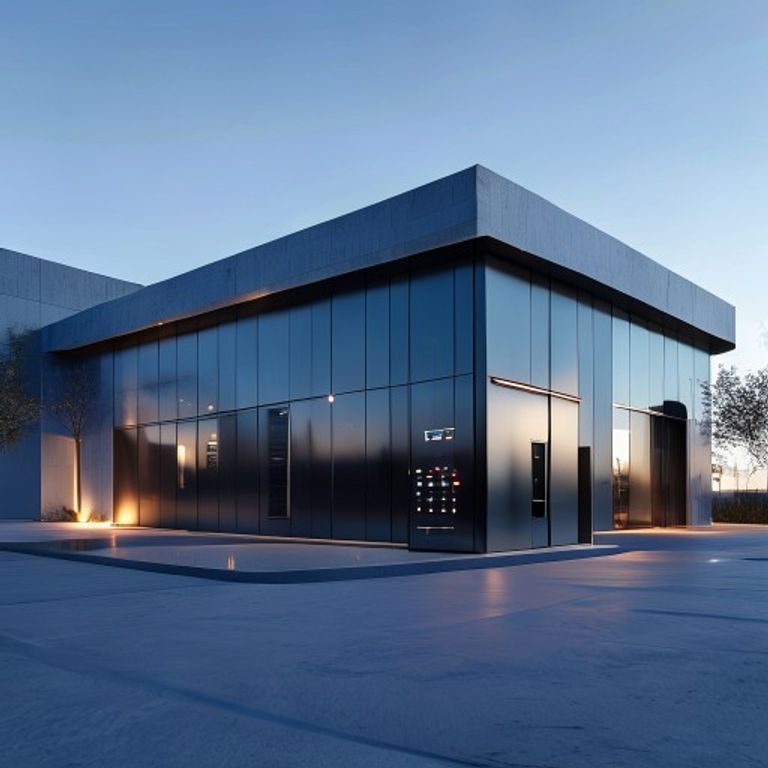 A sleek industrial battery storage unit installed beside a modern commercial bui