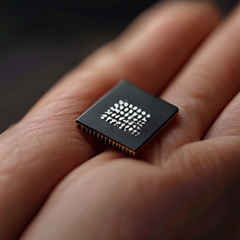 A macro photograph of a tiny MEMS accelerometer chip resting on a fingertip, wit